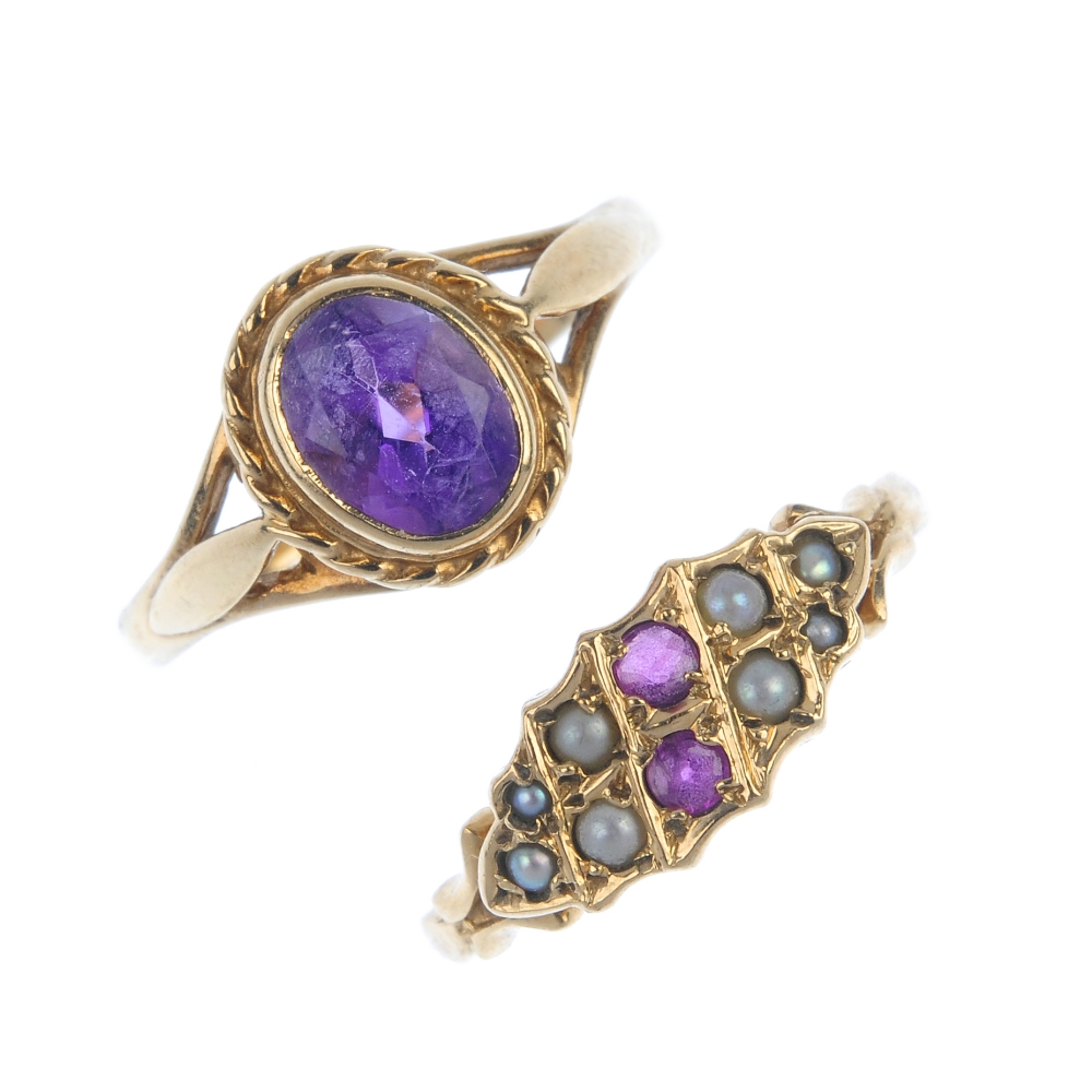 A selection of four 9ct gold gem-set dress rings. To include an oval-shape amethyst single-stone