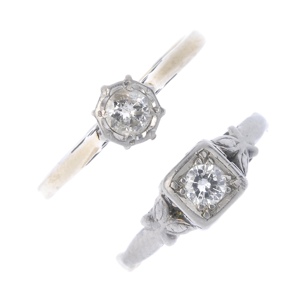 Two diamond single-stone rings. To include a brilliant-cut diamond with square-shape surround and