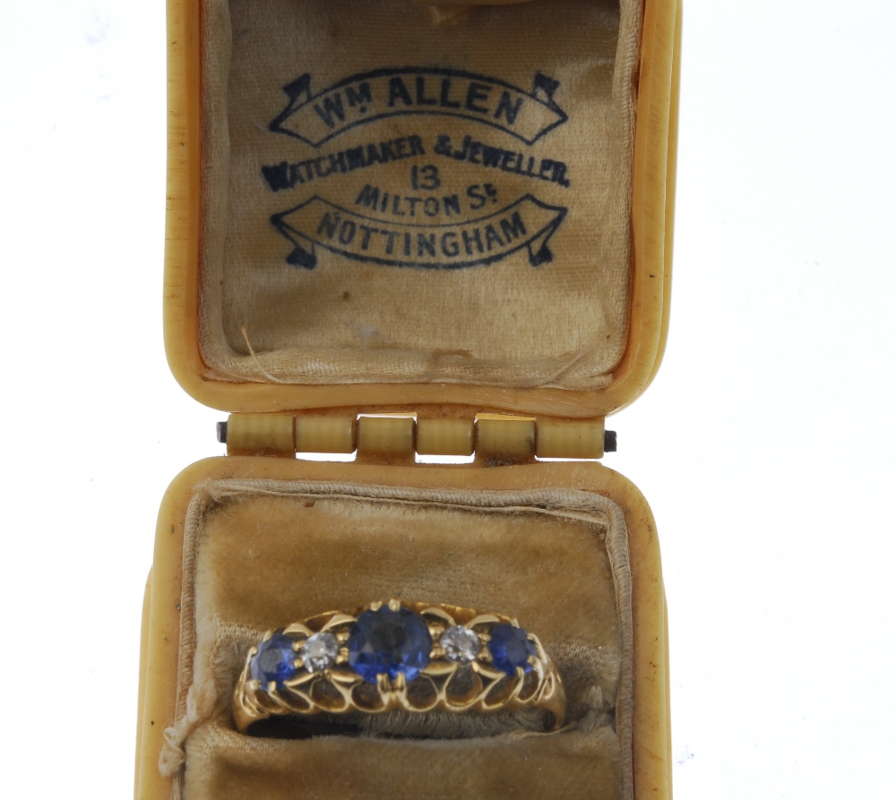 An Edwardian 18ct gold sapphire and diamond ring. The circular-shape sapphire and brilliant-cut - Image 3 of 3