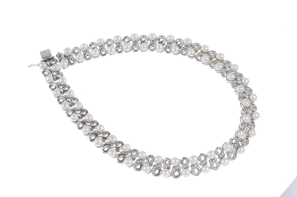 CHANTECLER - a 'capri' cultured pearl and diamond necklace. Designed as a series of scroll links, - Image 3 of 3