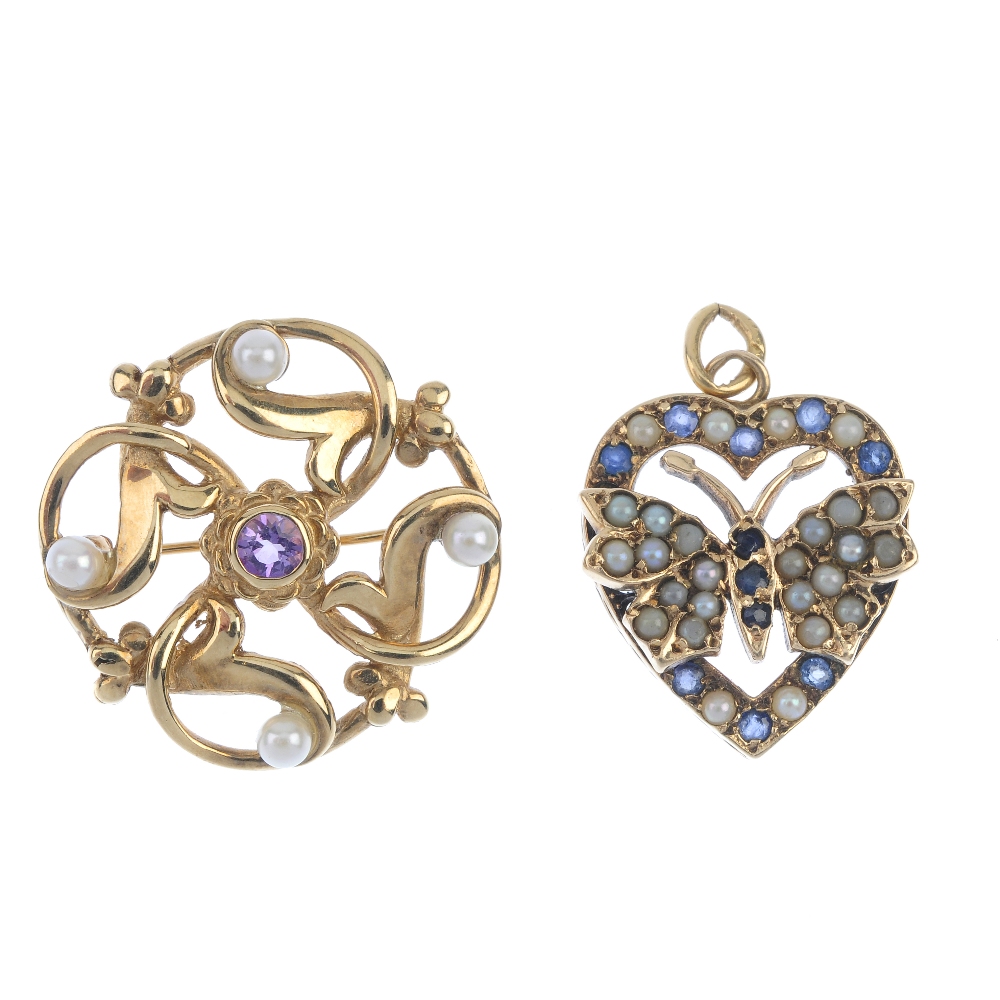 A selection of jewellery. To include a sapphire and split pearl butterfly and heart pendant, an
