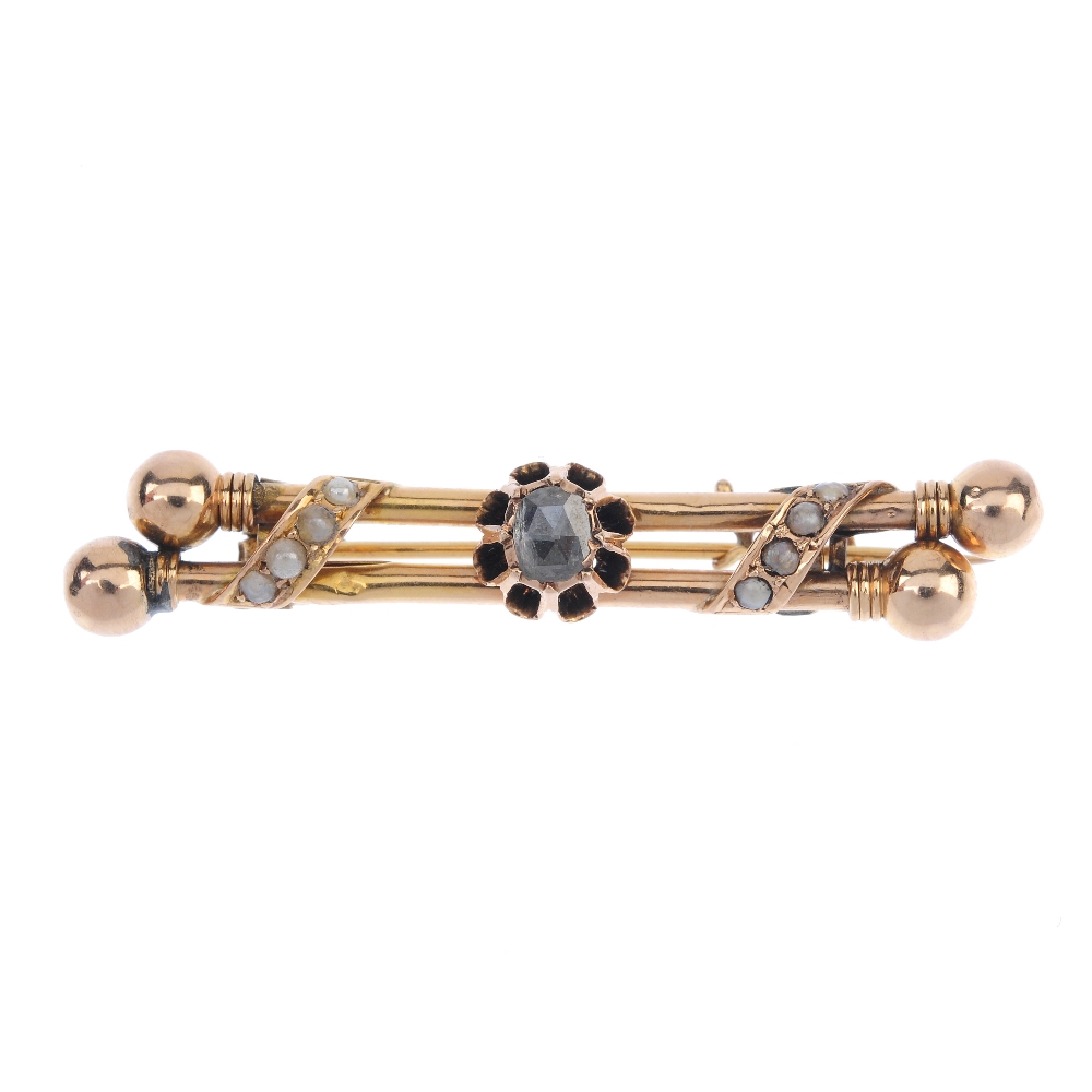 A late 19th century gold diamond and split pearl bar brooch. The rose-cut diamond, to the twin off-