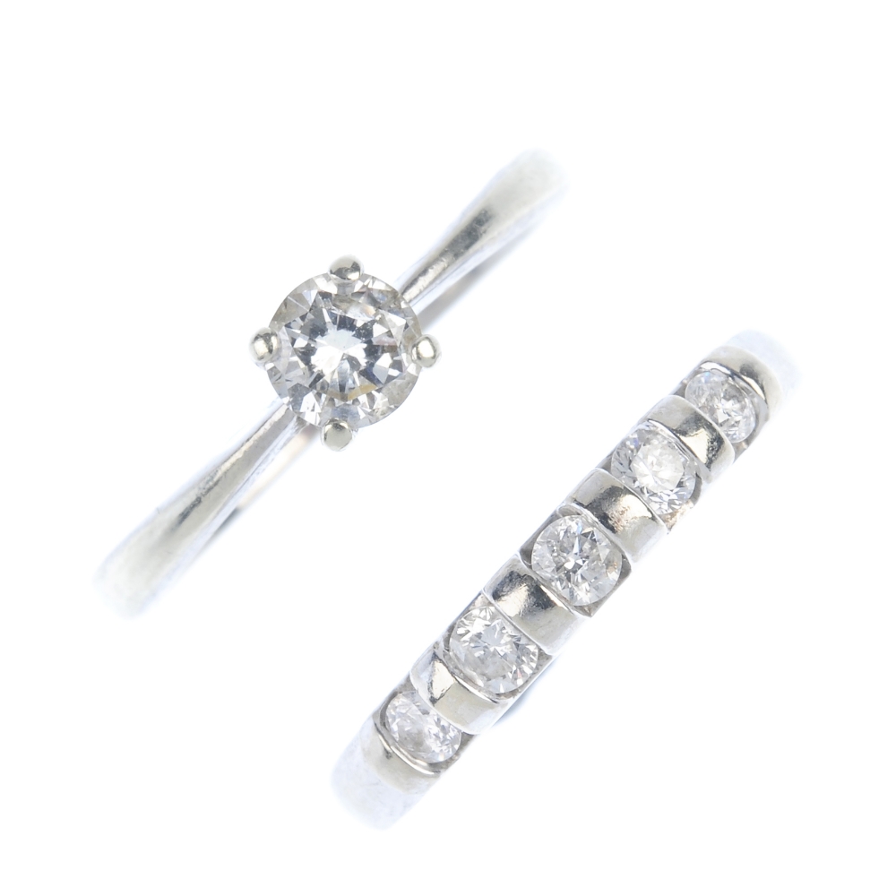 Two 9ct gold diamond rings. To include a brilliant-cut diamond single-stone ring, together with a