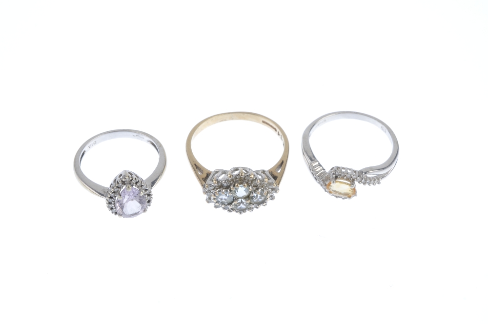 A selection of three 9ct gold diamond and gem-set rings. To include a blue-topaz and diamond ring, a - Image 2 of 3