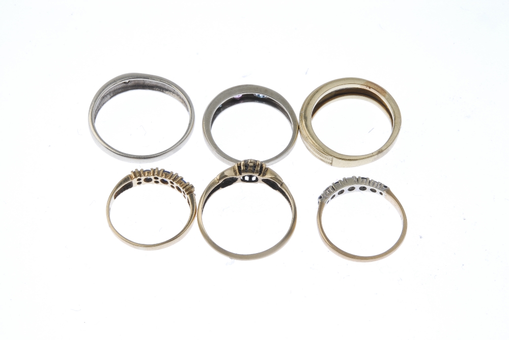 A selection of six gem-set rings. To include two 9ct gold sapphire and diamond rings, a diamond - Image 3 of 3