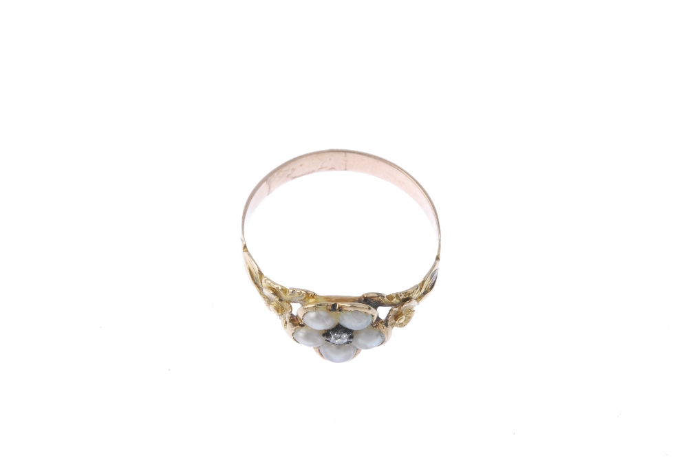 A late 19th century split pearl and diamond floral cluster ring. The old-cut diamond and split pearl - Image 2 of 4