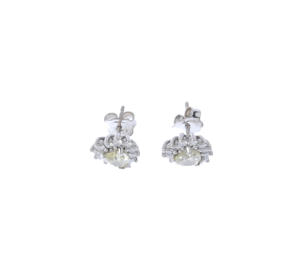 (194424) A pair of 18ct gold coloured diamond and diamond cluster ear studs. Each designed as a - Image 3 of 3