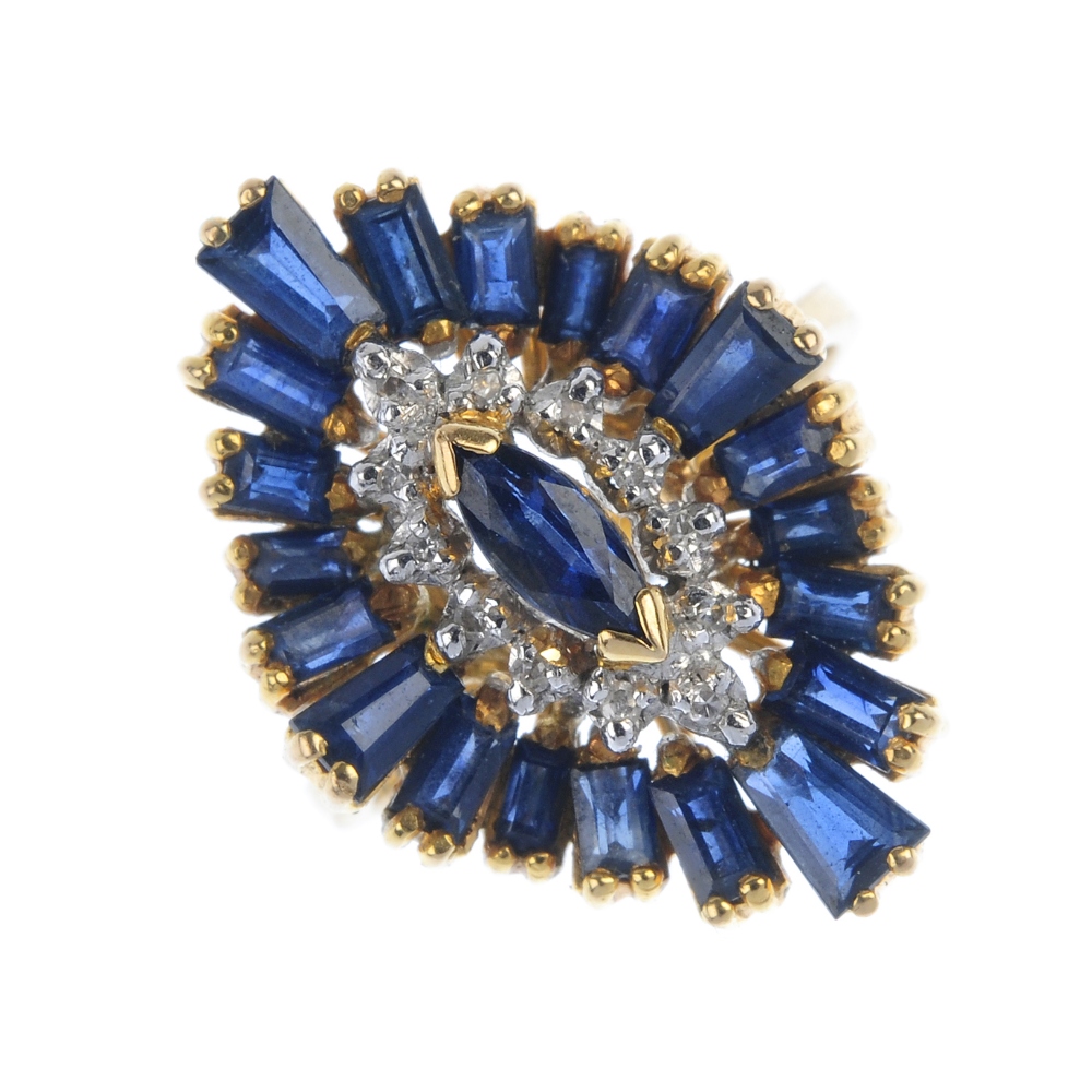 A sapphire and diamond dress ring. The marquise-shape sapphire, within a single-cut diamond and