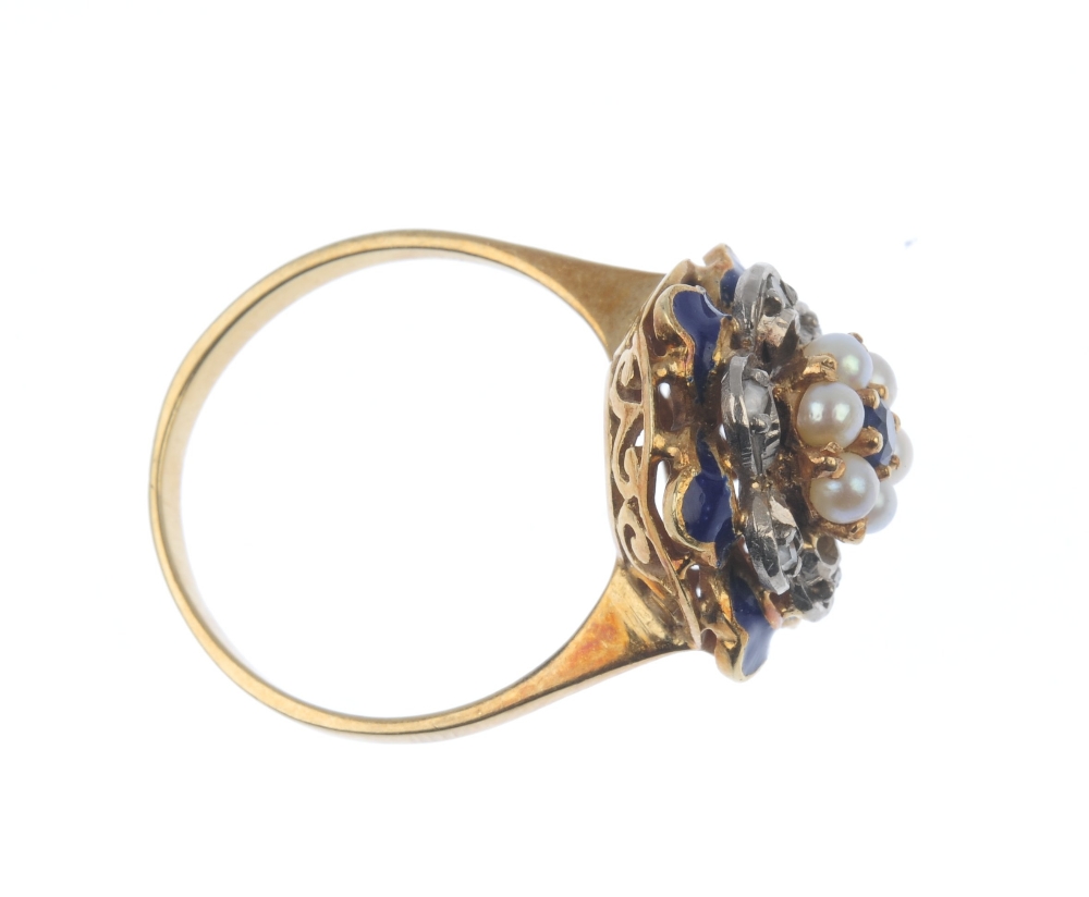 A sapphire, diamond, seed pearl and enamel floral ring. The circular-shape sapphire and seed pearl - Image 2 of 2