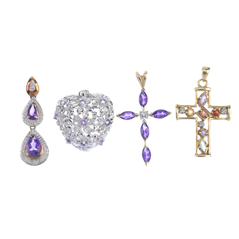 A selection of fourteen diamond and gem-set pendants. To include a 9ct gold amethyst and diamond