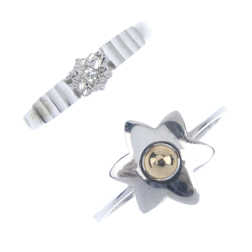 A selection of three 9ct gold rings and a pair of ear studs. To include a diamond single-stone ring,