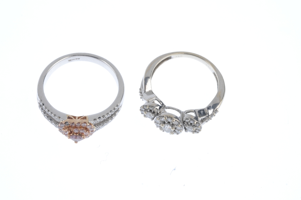 Two 18ct gold diamond dress rings. To include a 'pink' heart-shape and brilliant-cut diamond cluster - Image 2 of 3