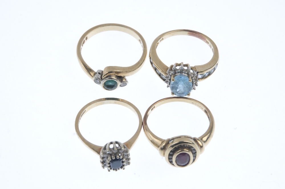 A selection of four 9ct gold diamond and gem-set rings. To include an emerald and diamond three- - Image 2 of 3