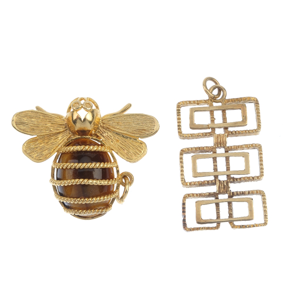 Two 1970s 9ct gold pendants. To include a tiger's-eye bee pendant, together with a vari-texture