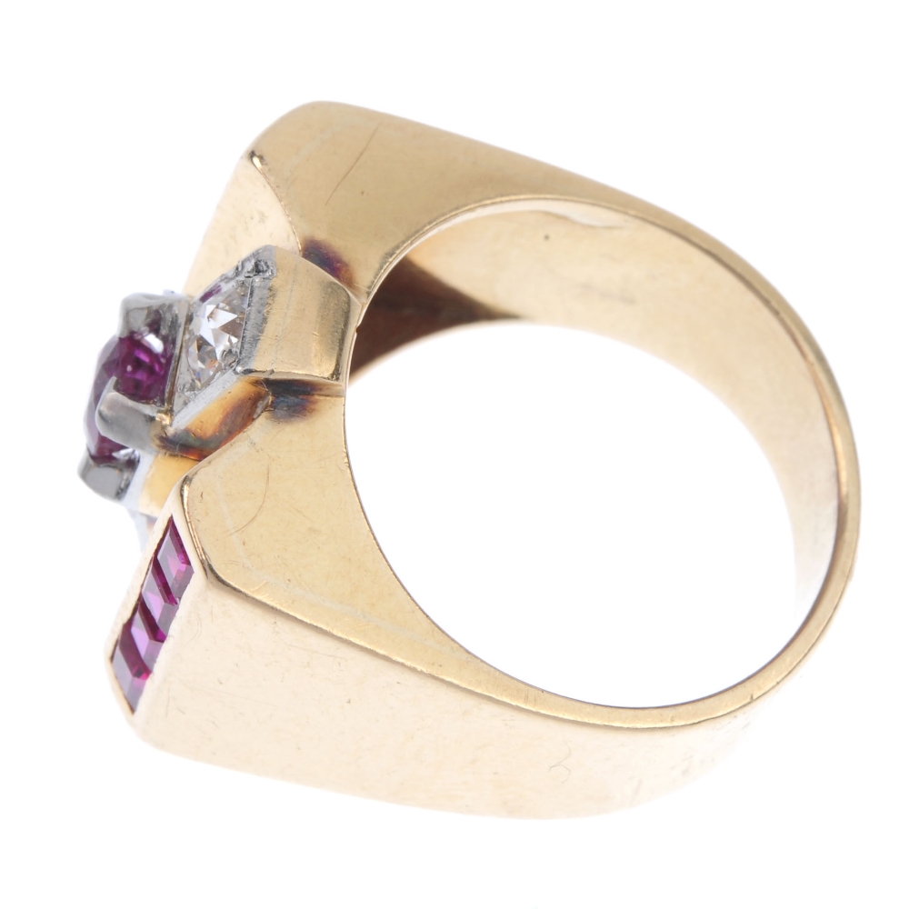 A ruby, diamond and synthetic ruby ring. The circular-shape ruby and old-cut diamond line, to the - Image 3 of 4