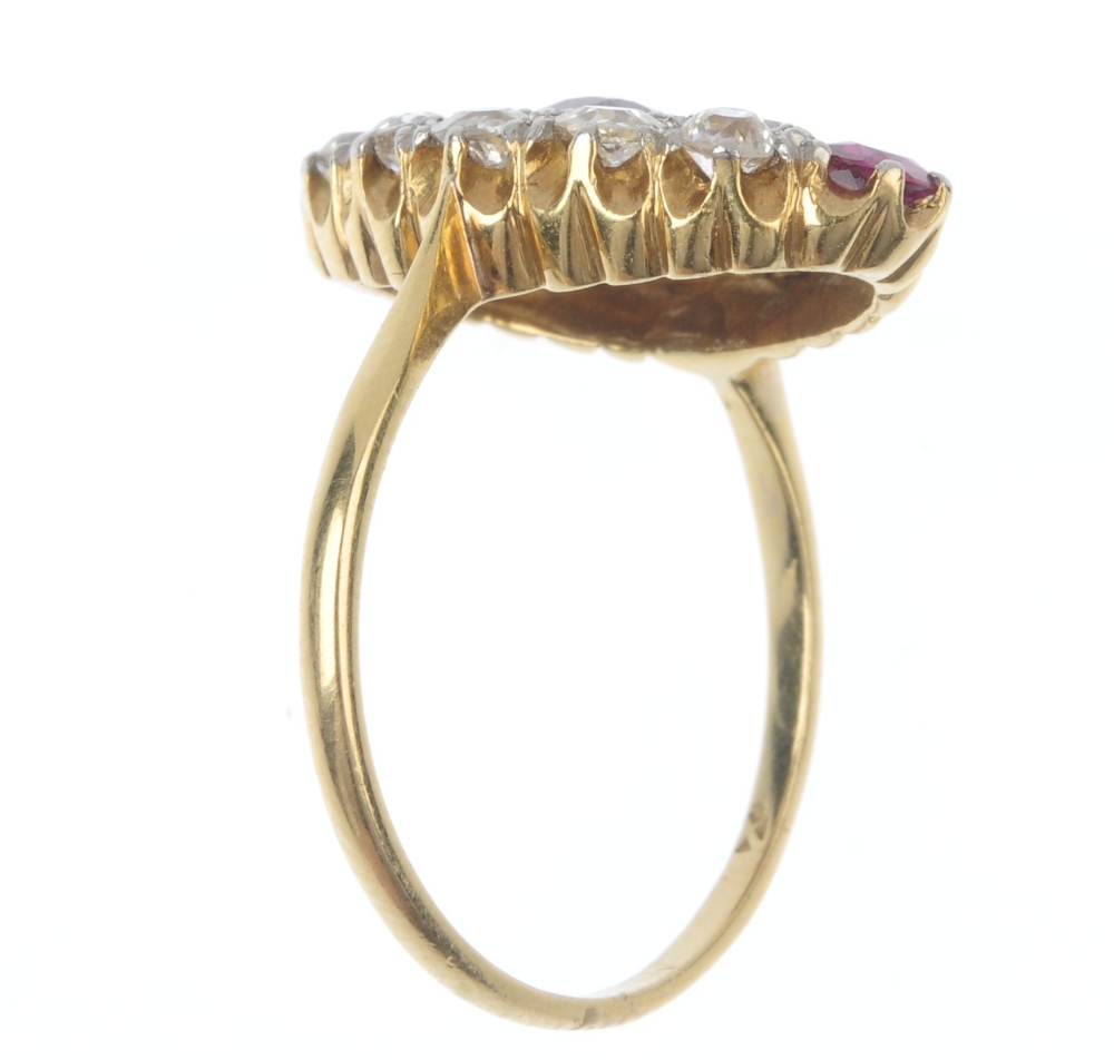 A mid 20th century 18ct gold and platinum, ruby and diamond dress ring. Of marquise-shape outline, - Image 3 of 3