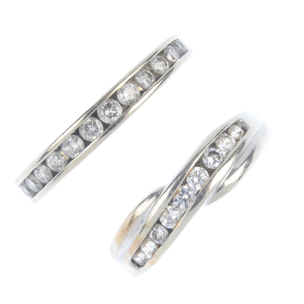 Two diamond and gem-set rings. To include a brilliant-cut diamond half-circle eternity ring,