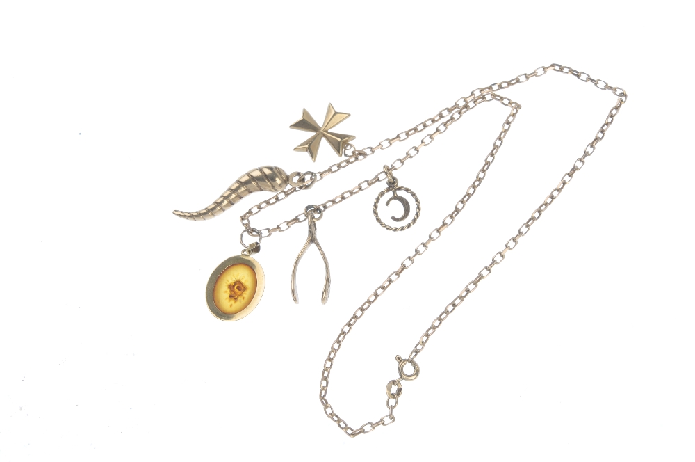 A 9ct gold necklace. The curb-link chain, suspending five charms, to include a wishbone and cross, - Image 3 of 3