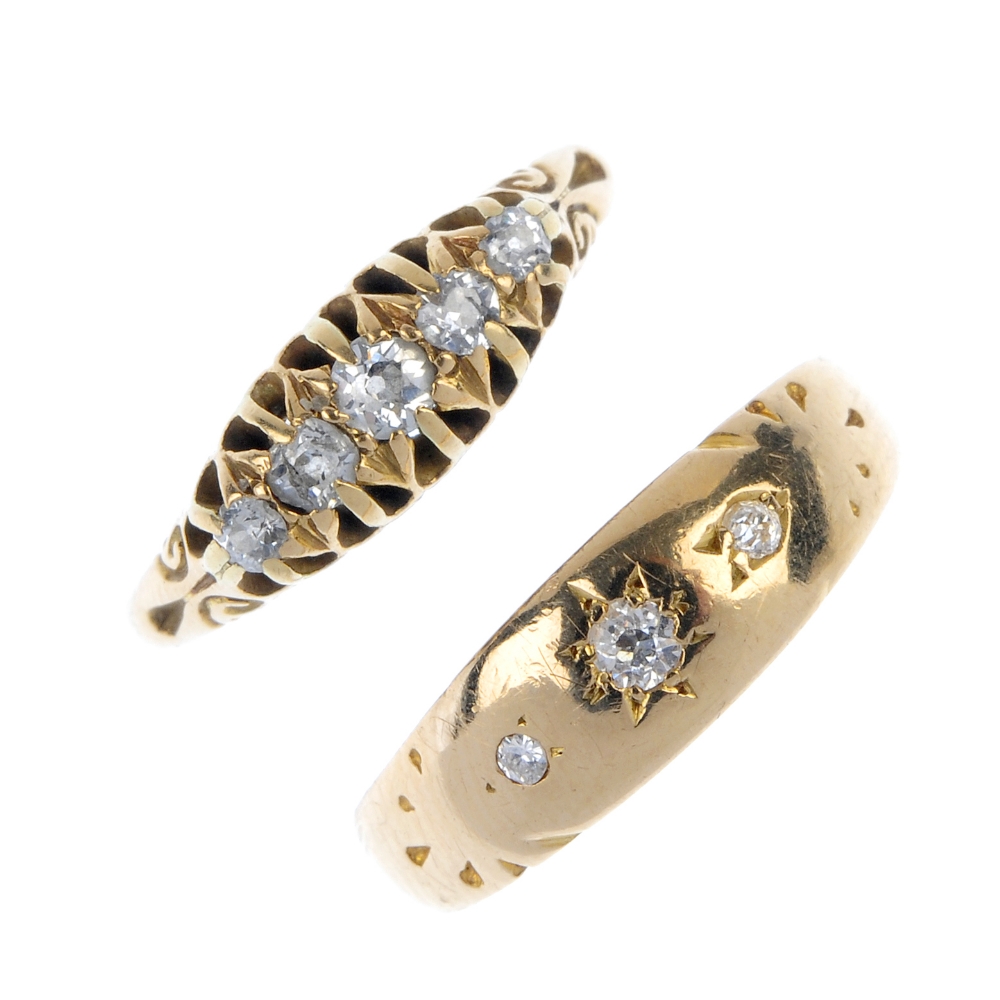 Two early 20th century 18ct gold diamond rings. To include a graduated old-cut diamond five-stone