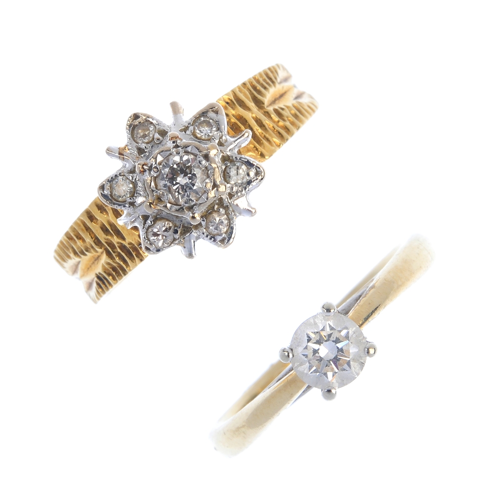 Two gold diamond rings. To include an 18ct gold brilliant-cut diamond cluster ring with grooved