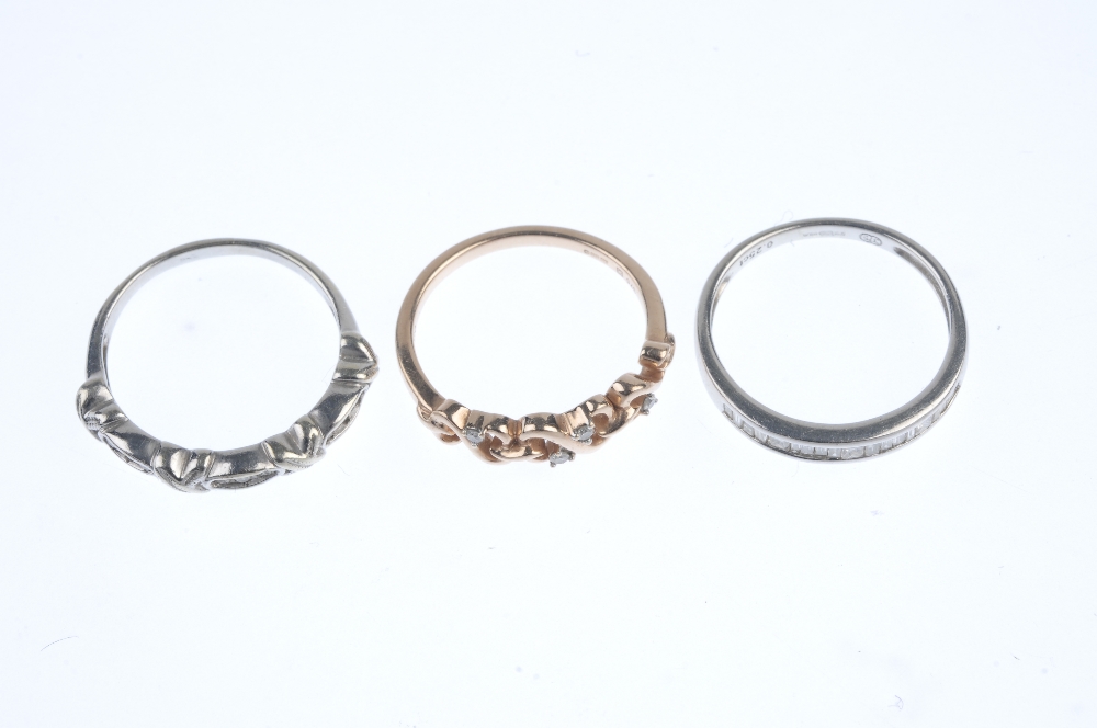 A selection of three 9ct gold rings. To include a vari-cut diamond half-circle eternity ring, an - Image 2 of 3