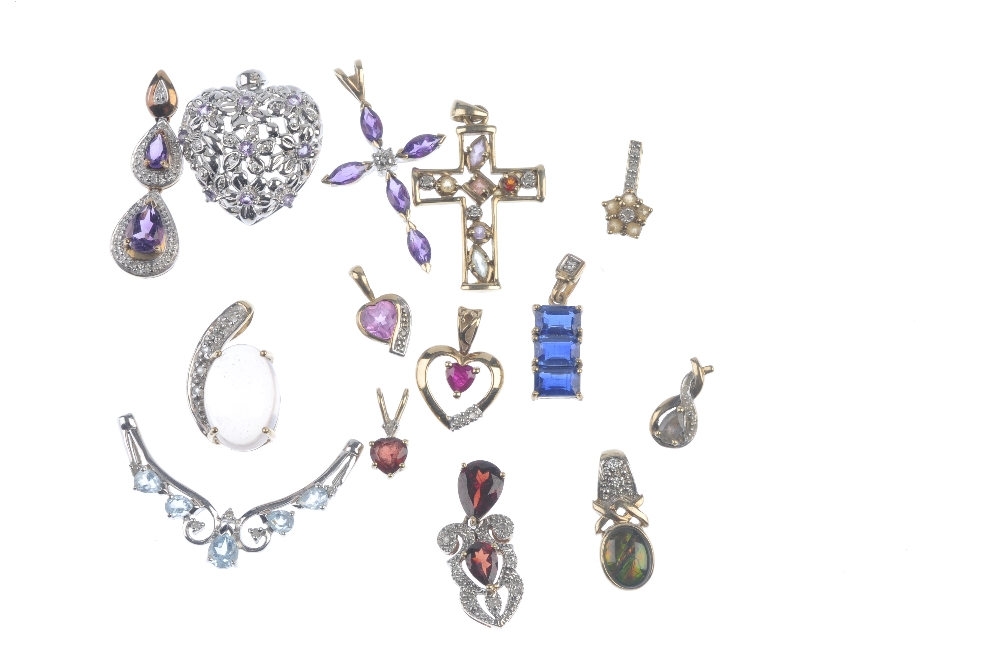 A selection of fourteen diamond and gem-set pendants. To include a 9ct gold amethyst and diamond - Image 2 of 2