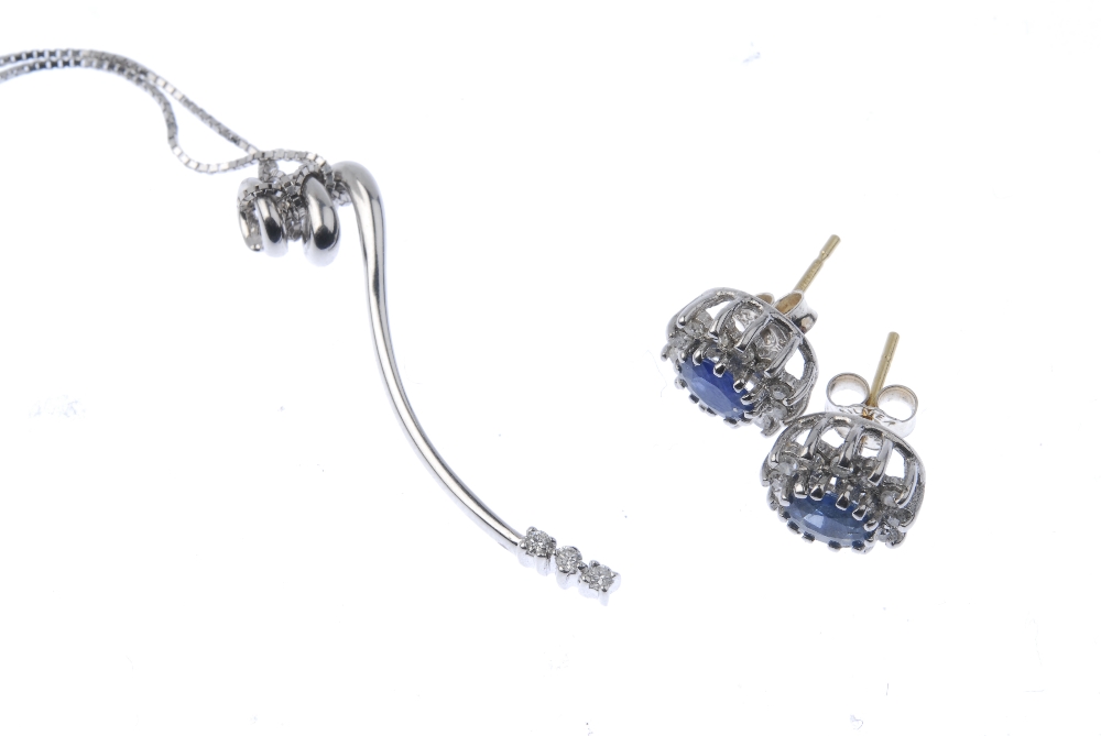 A pair of 18ct gold sapphire and diamond cluster ear studs and a diamond pendant. The ear studs each - Image 2 of 2