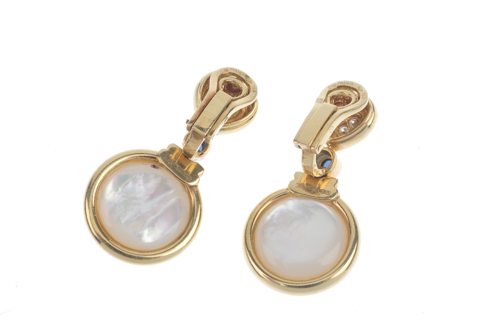 A pair of 18ct gold mabe pearl, diamond and sapphire ear pendants. Each designed as a mabe pearl - Image 2 of 2