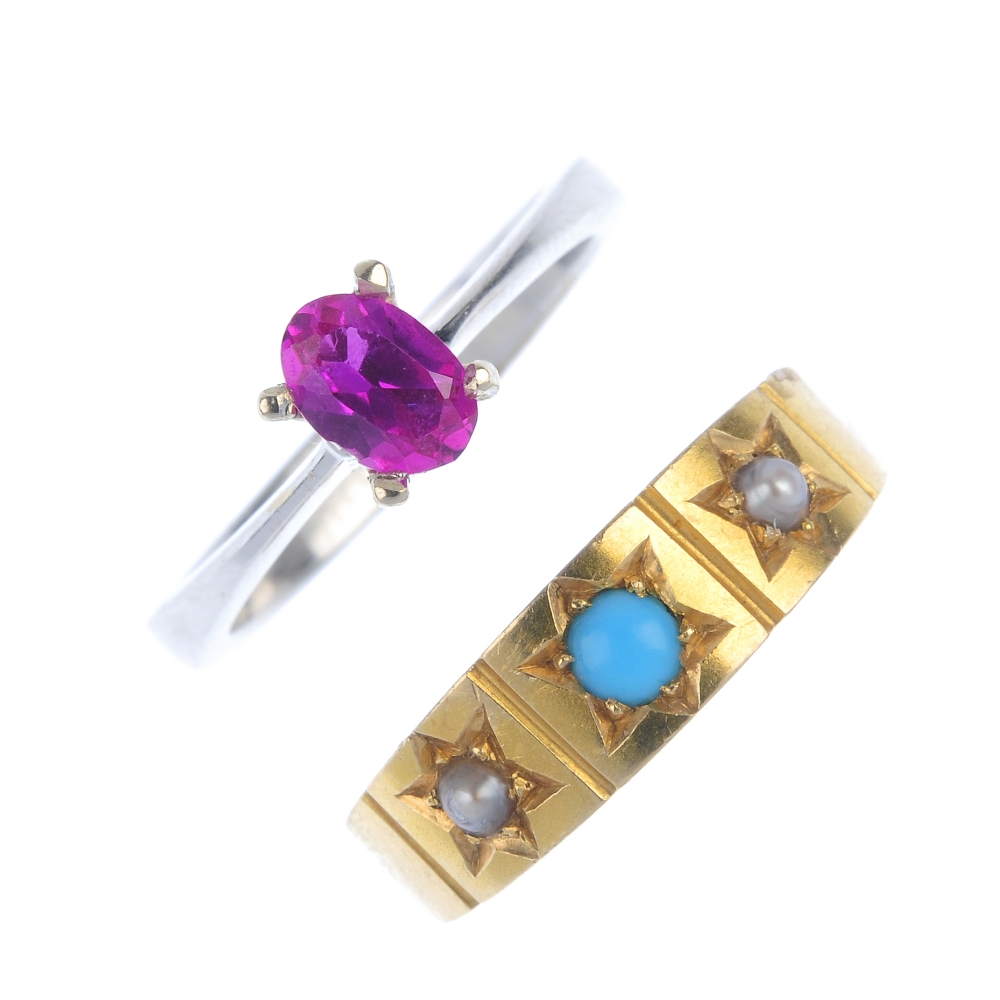 Two gem-set rings. To include a late 19th century 18ct gold turquoise and split pearl dress ring,