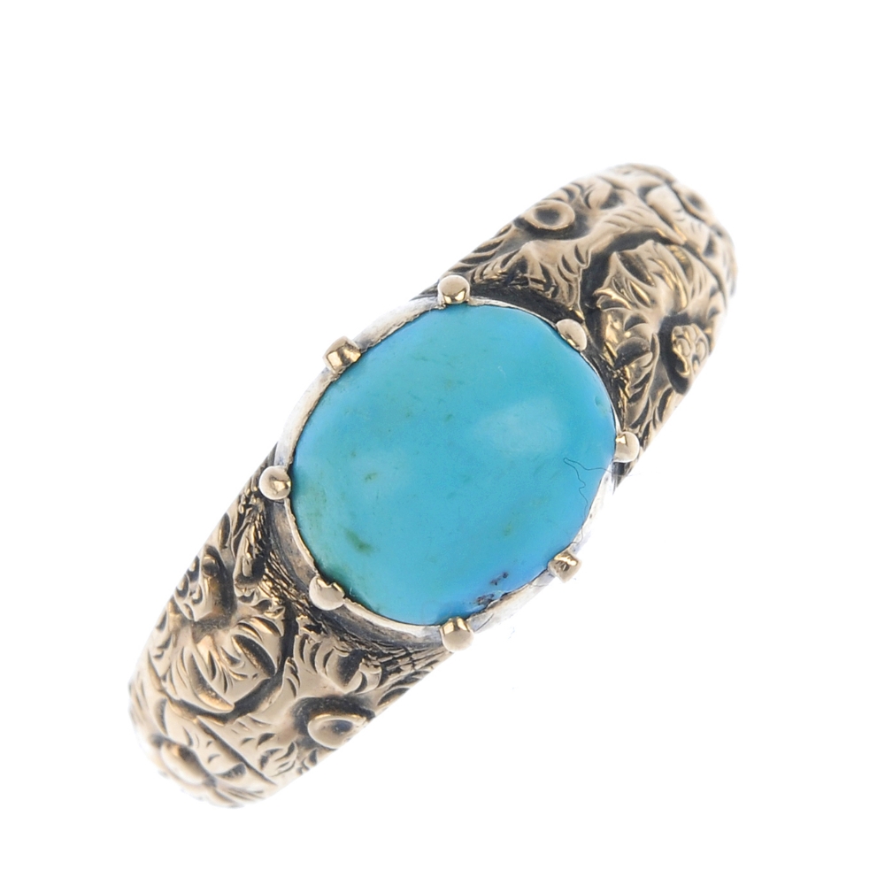 An early to mid 19th century gold turquoise single-stone ring. The oval turquoise cabochon, to the