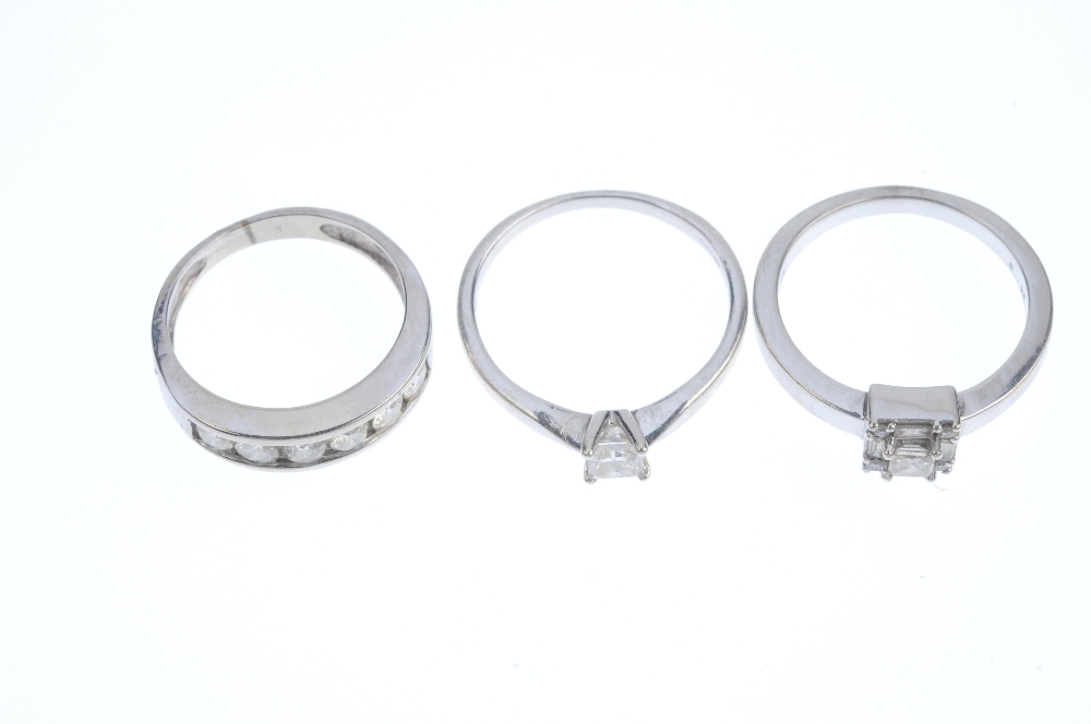 A selection of three diamond rings. To include a 9ct gold square-shape diamond single-stone ring, - Image 2 of 3