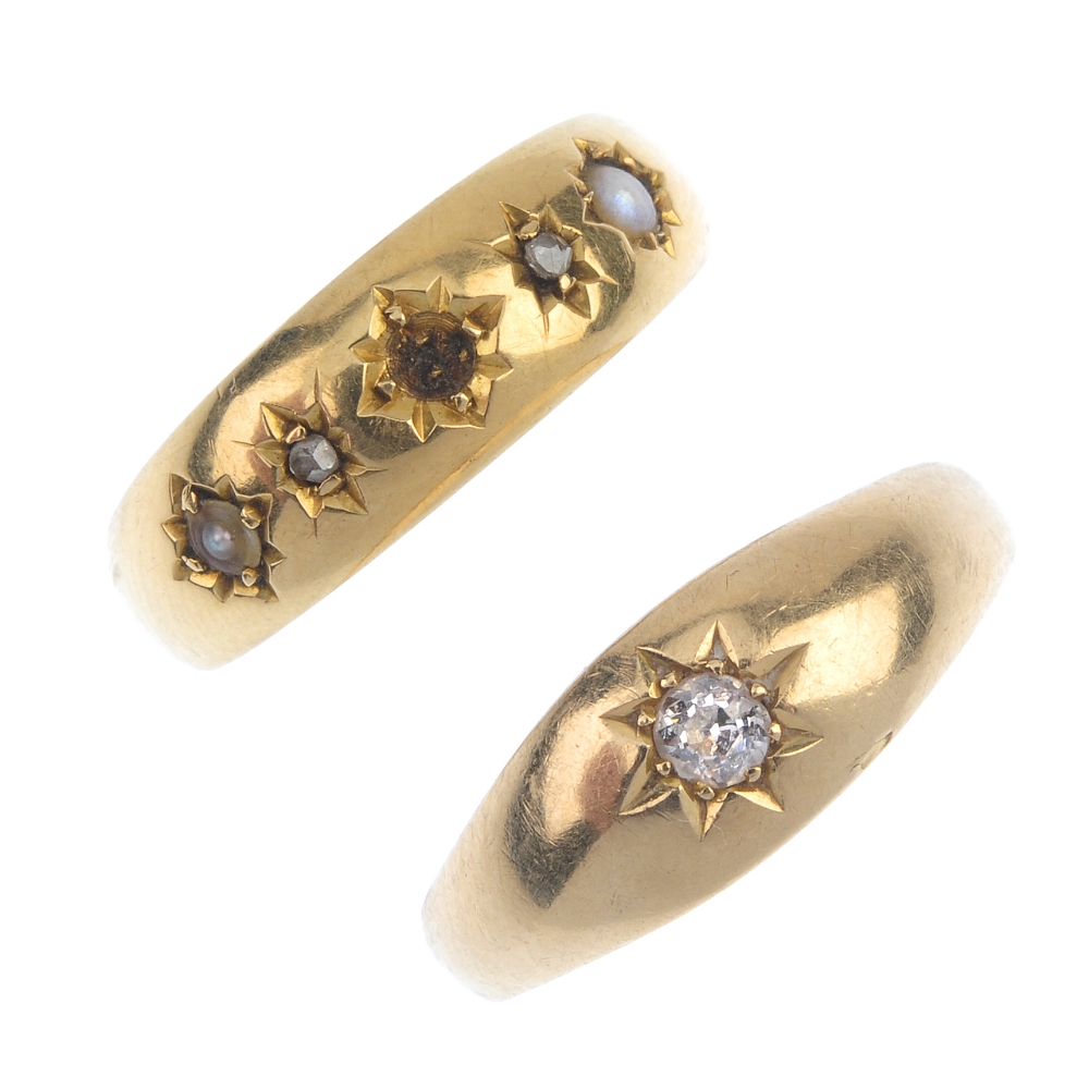Two late Victorian to early 20th century gold diamond and seed pearl rings. To include an old-cut