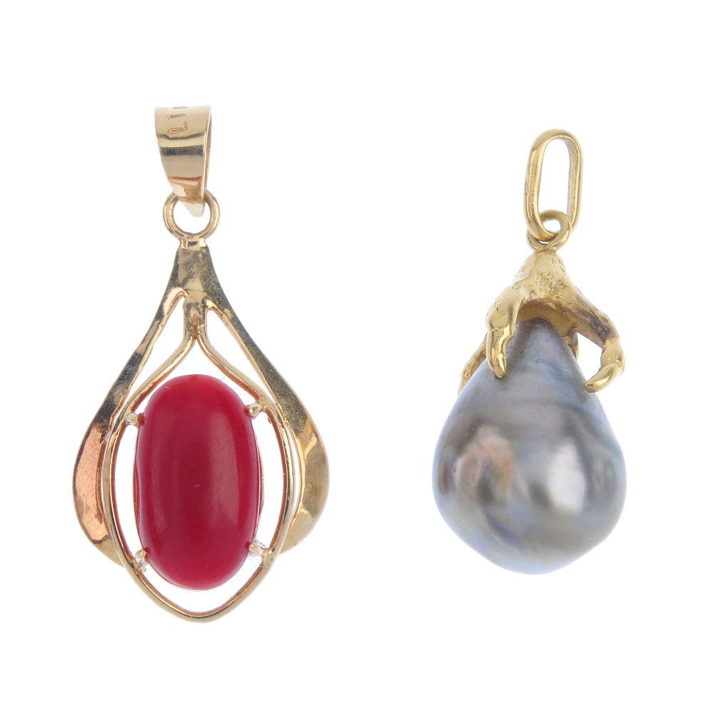 Two gem-set pendants. To include a grey baroque cultured pearl pendant with textured claw