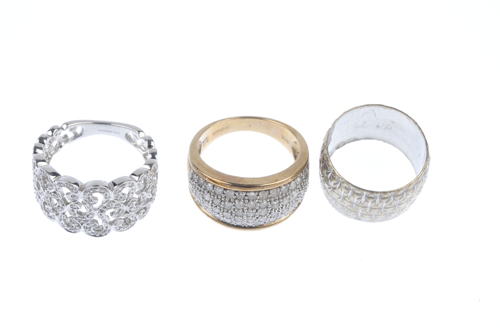 A selection of three 9ct gold rings. To include a diamond openwork scrolling ring, a diamond panel - Image 2 of 3