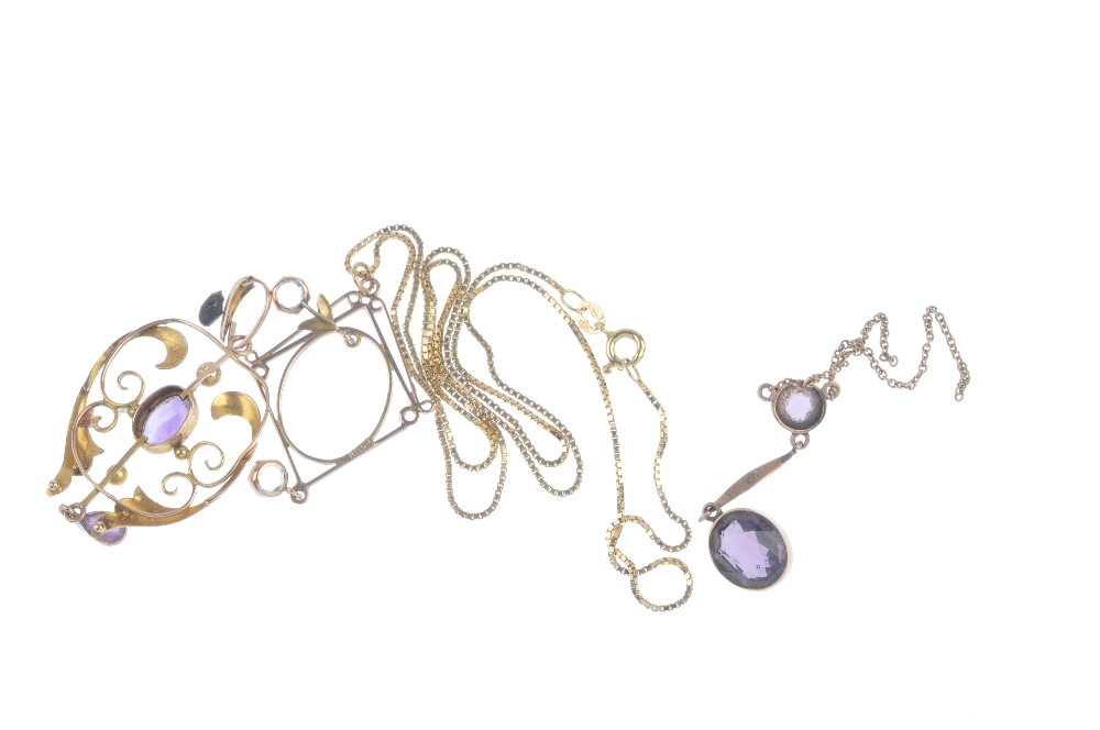 A selection of three early 20th century 9ct gold gem-set pendants. To include an amethyst and - Image 2 of 2