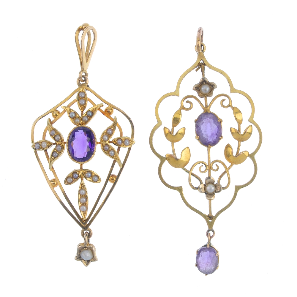 Two early 20th century 15ct and 9ct gold amethyst and split pearl pendants. Each set with amethyst