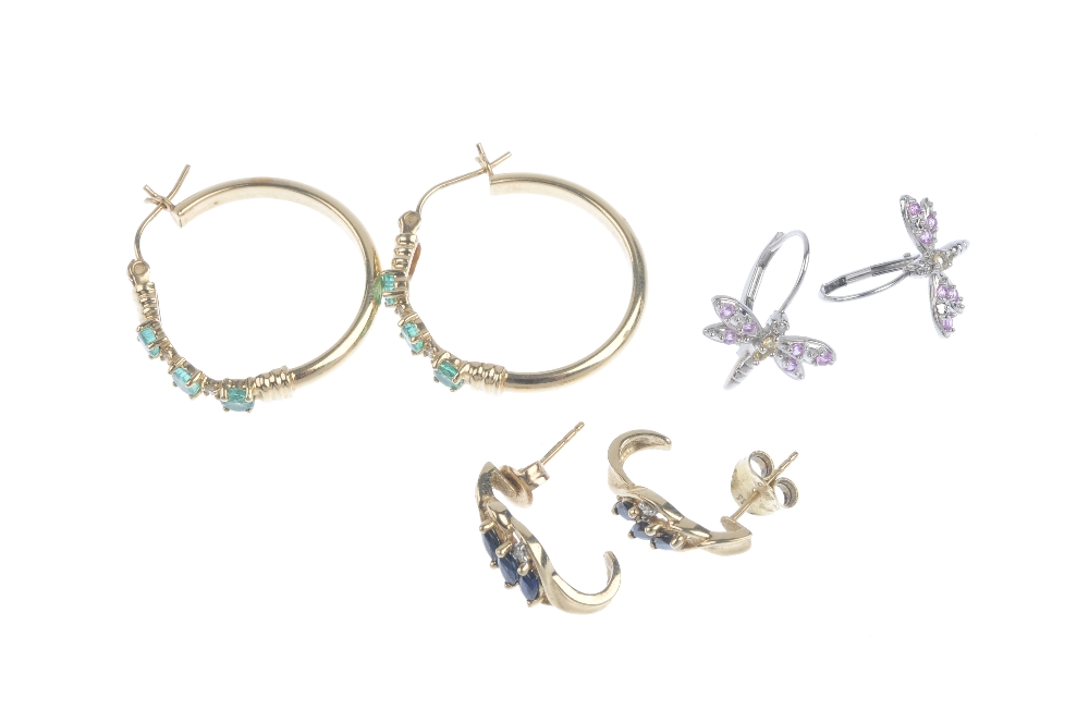 A selection of three pairs of diamond and gem-set earrings. To include a pair of 9ct gold sapphire - Image 2 of 2