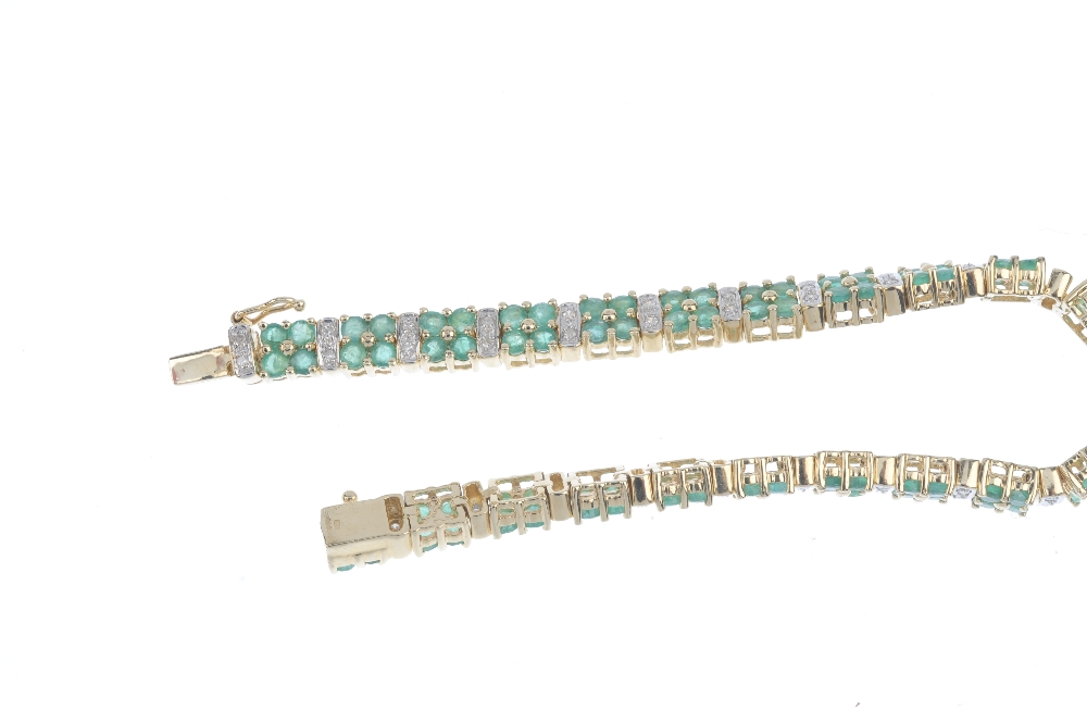 A 14ct gold emerald and diamond bracelet. Designed as a series of circular-shape emerald - Image 3 of 3