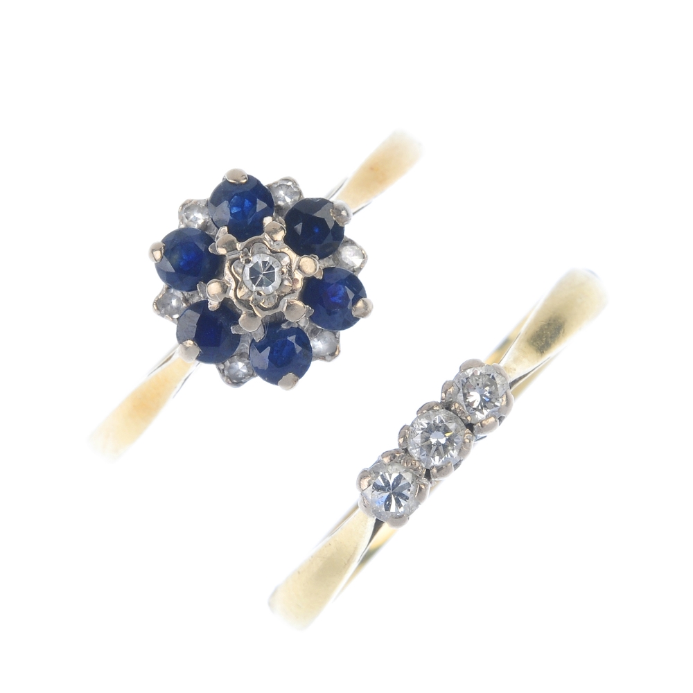 Two 18ct gold diamond and sapphire rings. To include a brilliant-cut diamond three-stone ring,