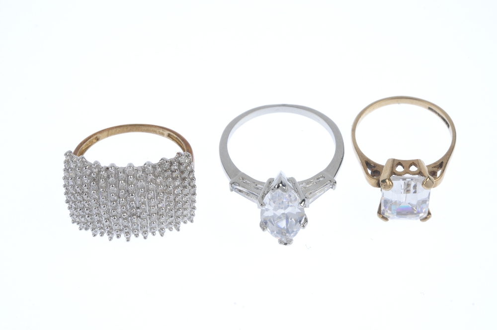 A selection of three gem-set rings. To include a 9ct gold brilliant-cut diamond rectangular-shape - Image 2 of 3