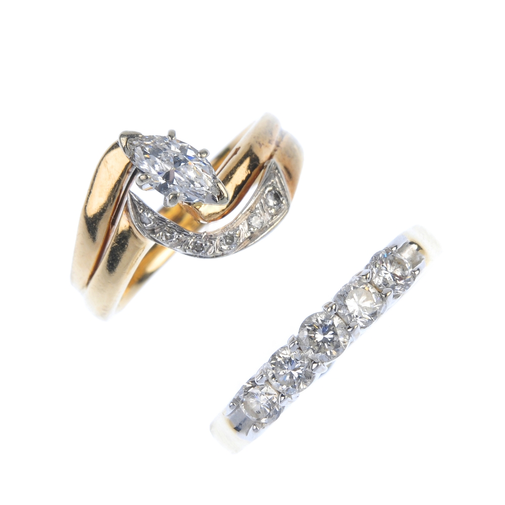 A selection of three diamond rings. To include a marquise-shape diamond ring with diamond curved