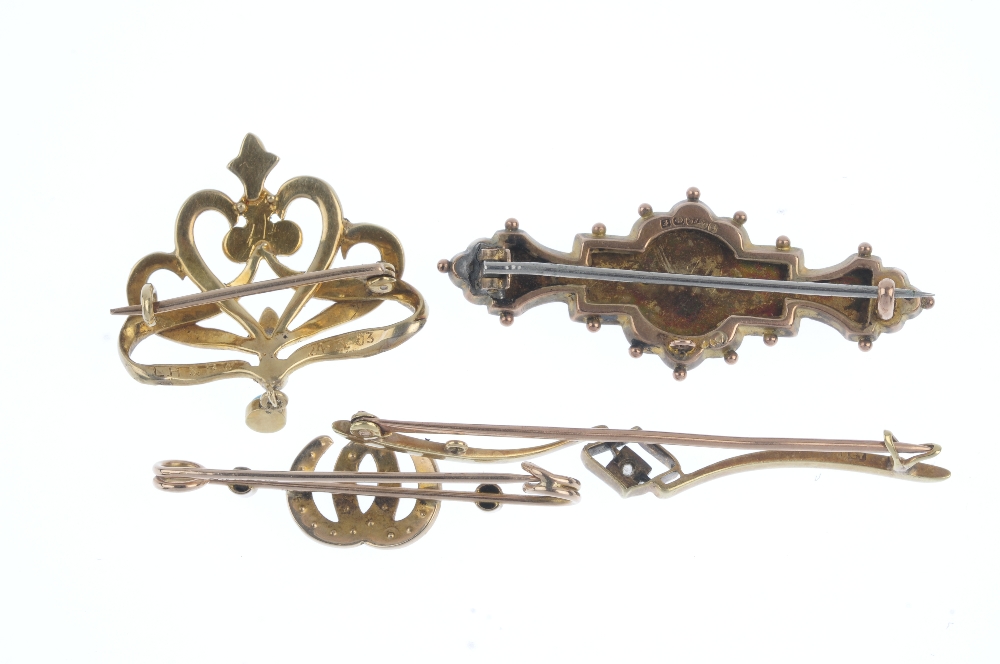 A selection of four early 20th century gold gem-set brooches. To include a turquoise and seed - Image 2 of 2