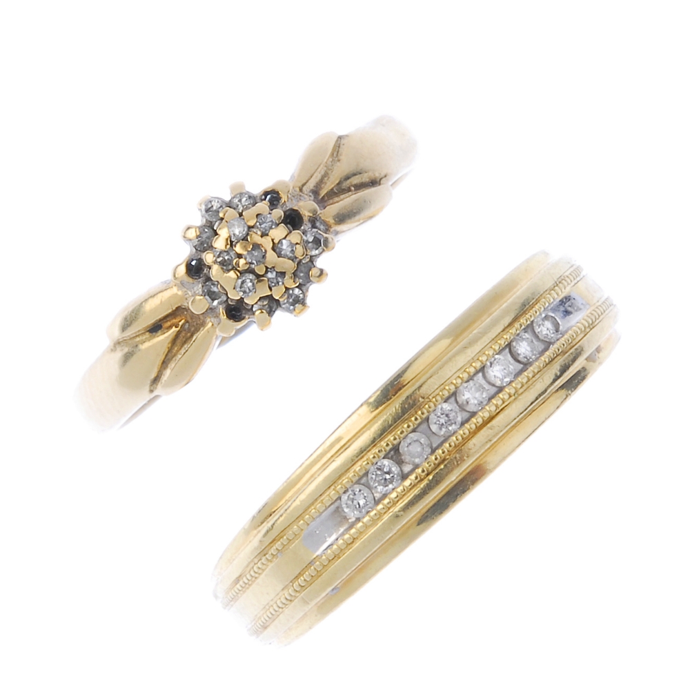 A selection of six gem-set rings. To include two 9ct gold sapphire and diamond rings, a diamond