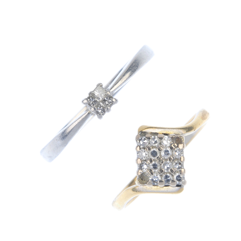 Two diamond dress rings. The first designed as a platinum square-shape diamond quatrefoil to the