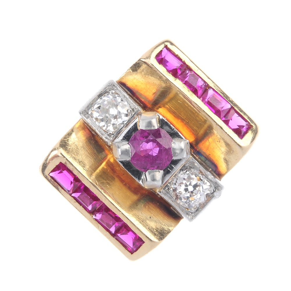 A ruby, diamond and synthetic ruby ring. The circular-shape ruby and old-cut diamond line, to the
