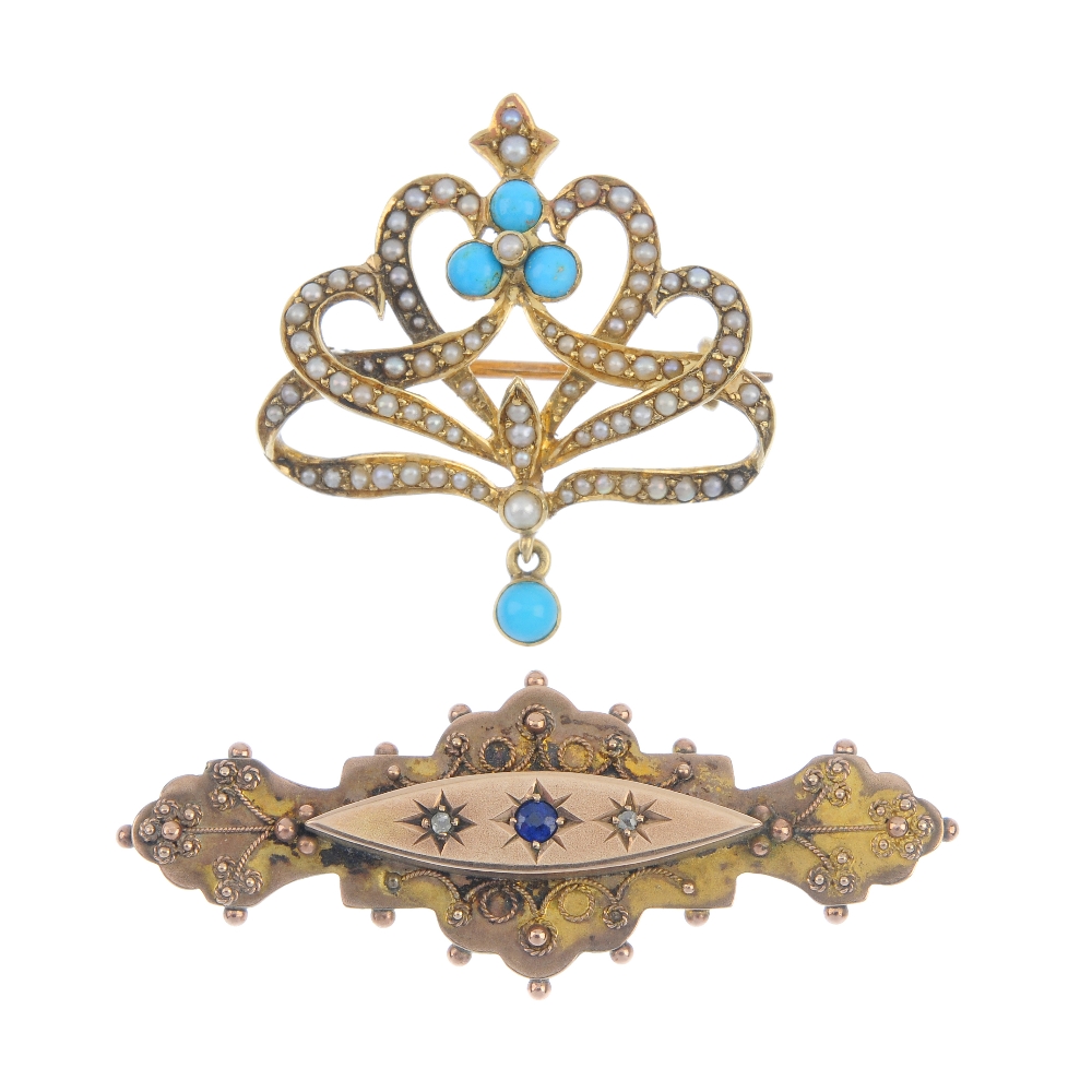 A selection of four early 20th century gold gem-set brooches. To include a turquoise and seed