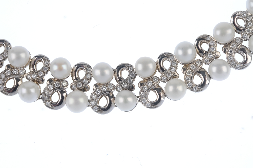 CHANTECLER - a 'capri' cultured pearl and diamond necklace. Designed as a series of scroll links, - Image 2 of 3
