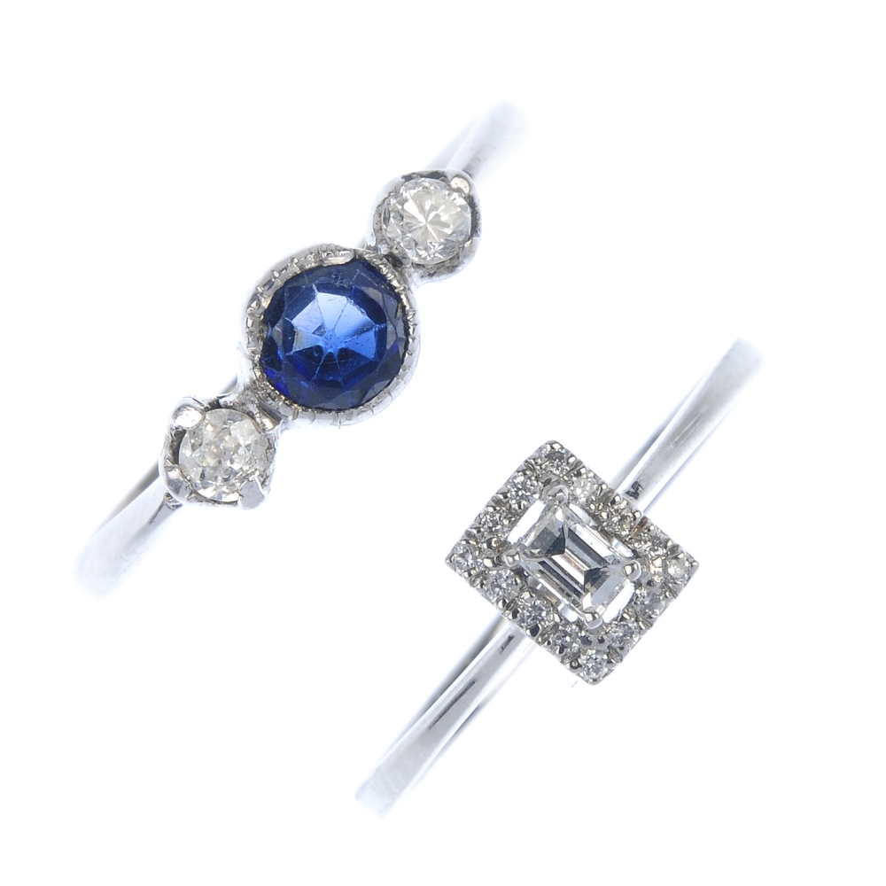 Two diamond and gem-set dress rings. To include a circular-shape synthetic sapphire and old-cut