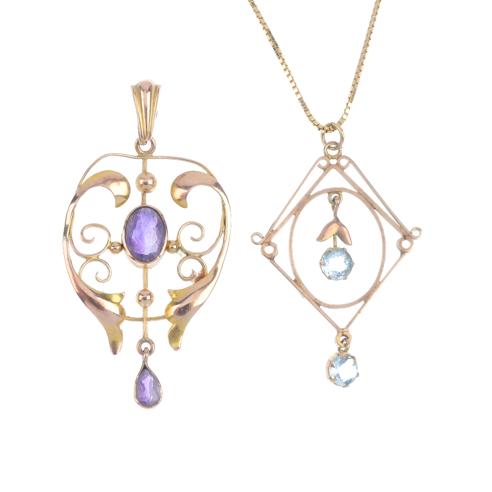 A selection of three early 20th century 9ct gold gem-set pendants. To include an amethyst and