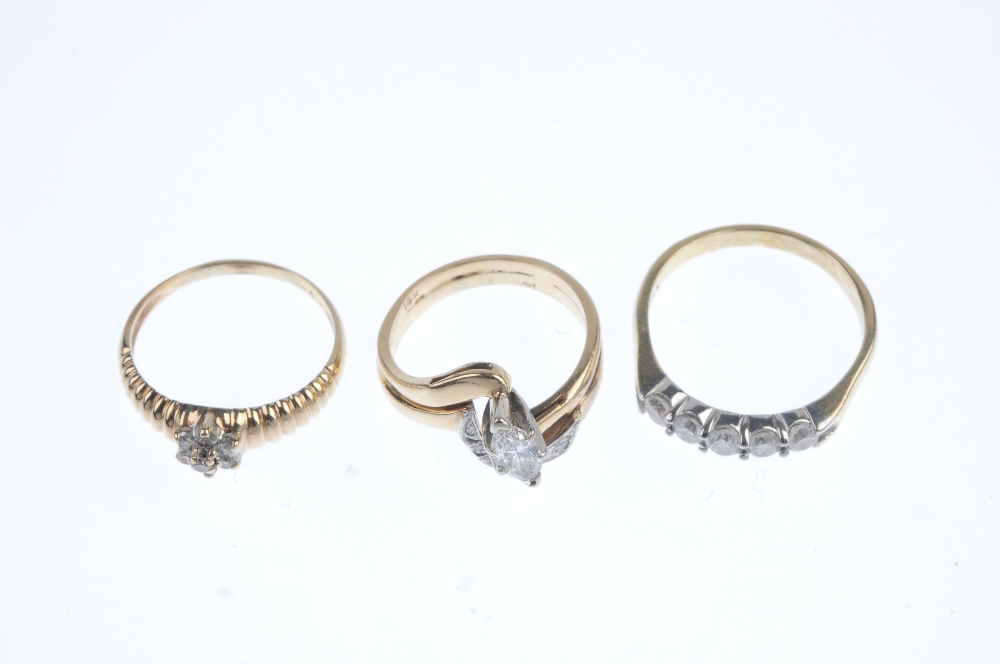 A selection of three diamond rings. To include a marquise-shape diamond ring with diamond curved - Image 2 of 3